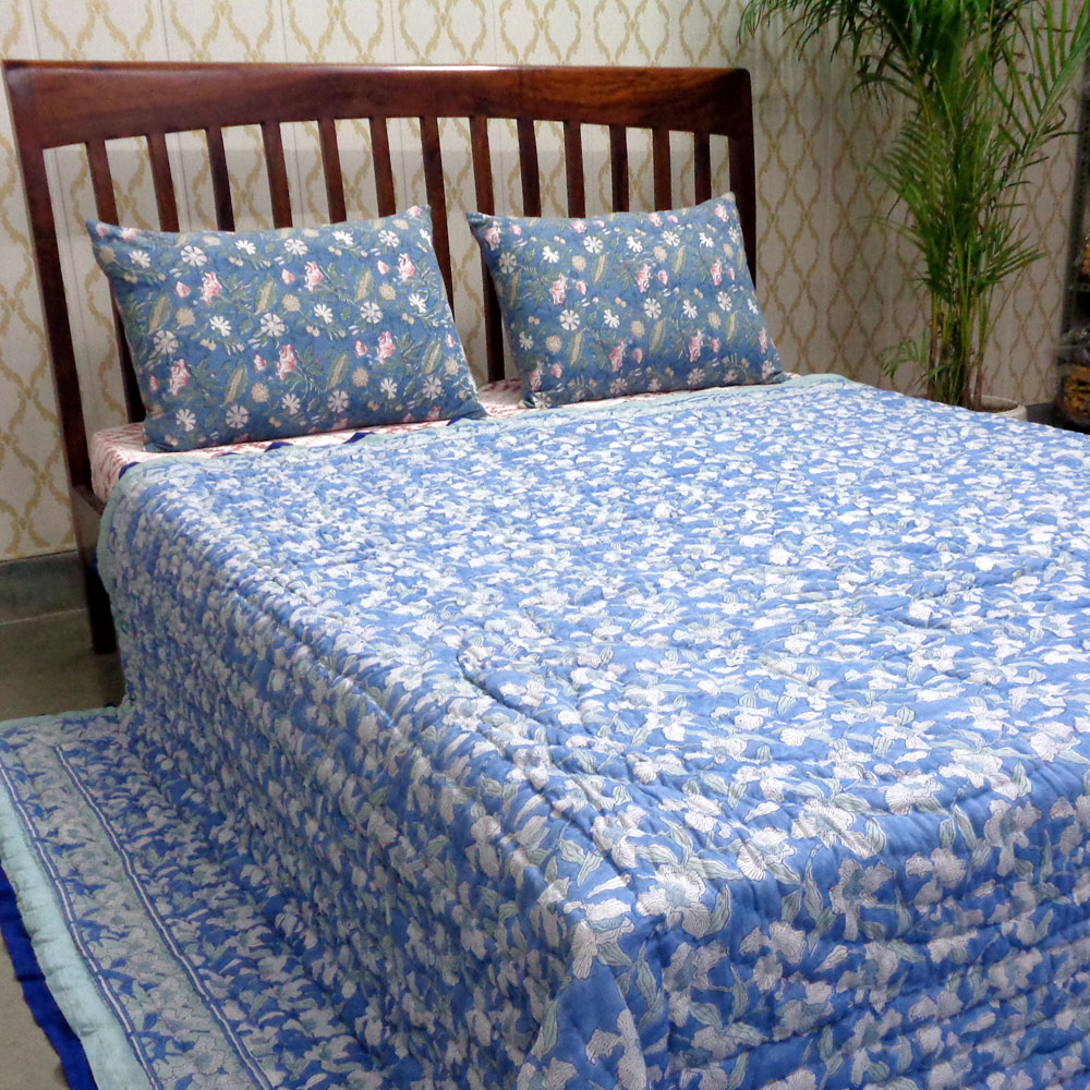 Hand Block Printed Cotton Quilt King Size Orchid Aqua 203890