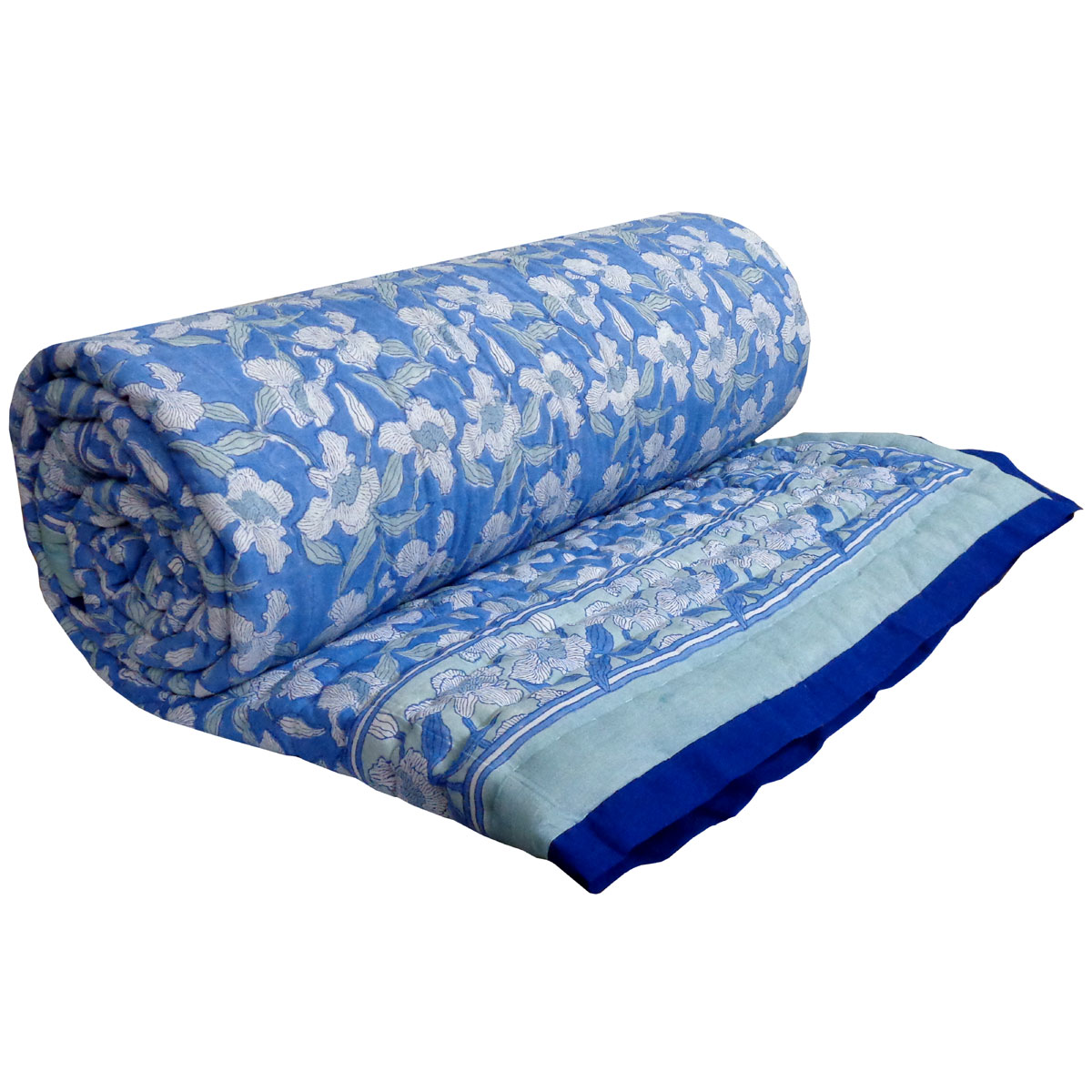 Hand Block Printed Cotton Quilt King Size Orchid Aqua 203890