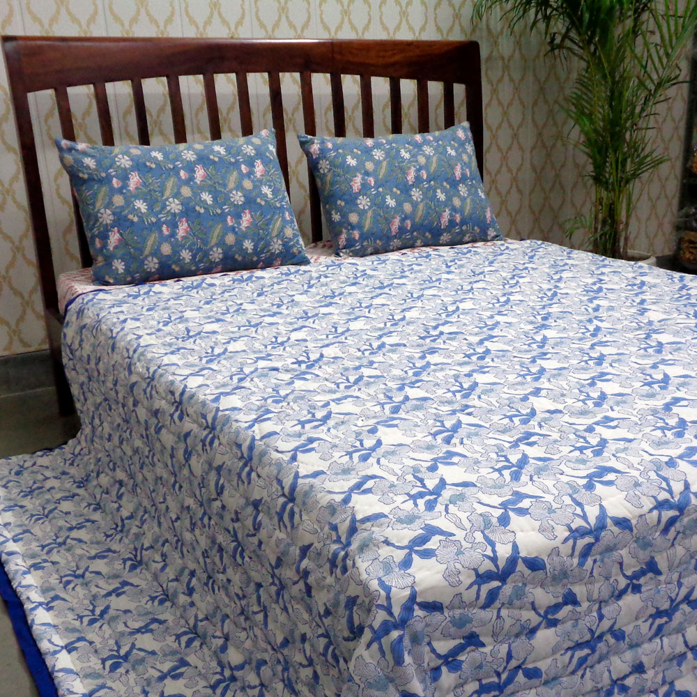 Hand Block Printed Cotton Quilt King Size Orchid Aqua 203890