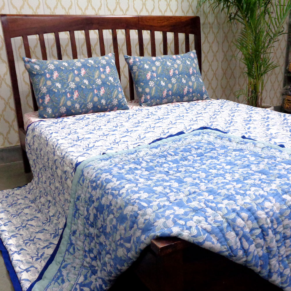 Hand Block Printed Cotton Quilt King Size Orchid Aqua 203890