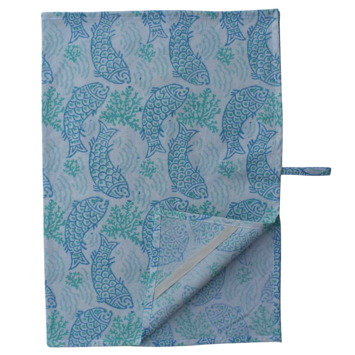 Hand Block Printed Cotton Kitchen Towels 50x70 cms African Fish Blue Mist 260713