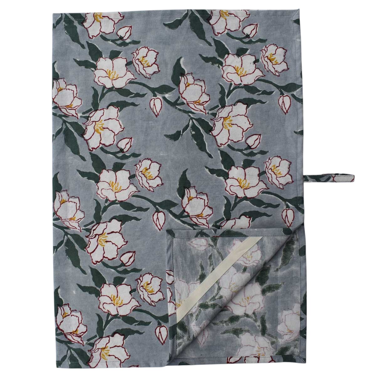 Hand Block Printed Cotton Kitchen Towels 50x70 cms Camellia Snow Dusk 260419