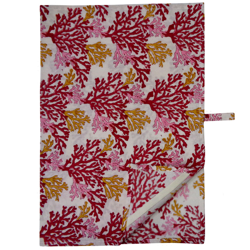 Hand Block Printed Cotton Kitchen Towels 50x70 cms Coral Multi Red 701927