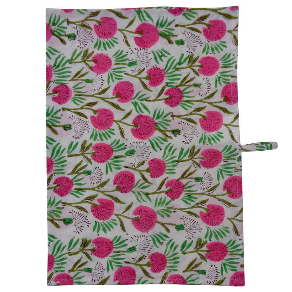 Hand Block Printed Cotton Kitchen Towels 50x70 cms Desert Blossom Pink Open 501440