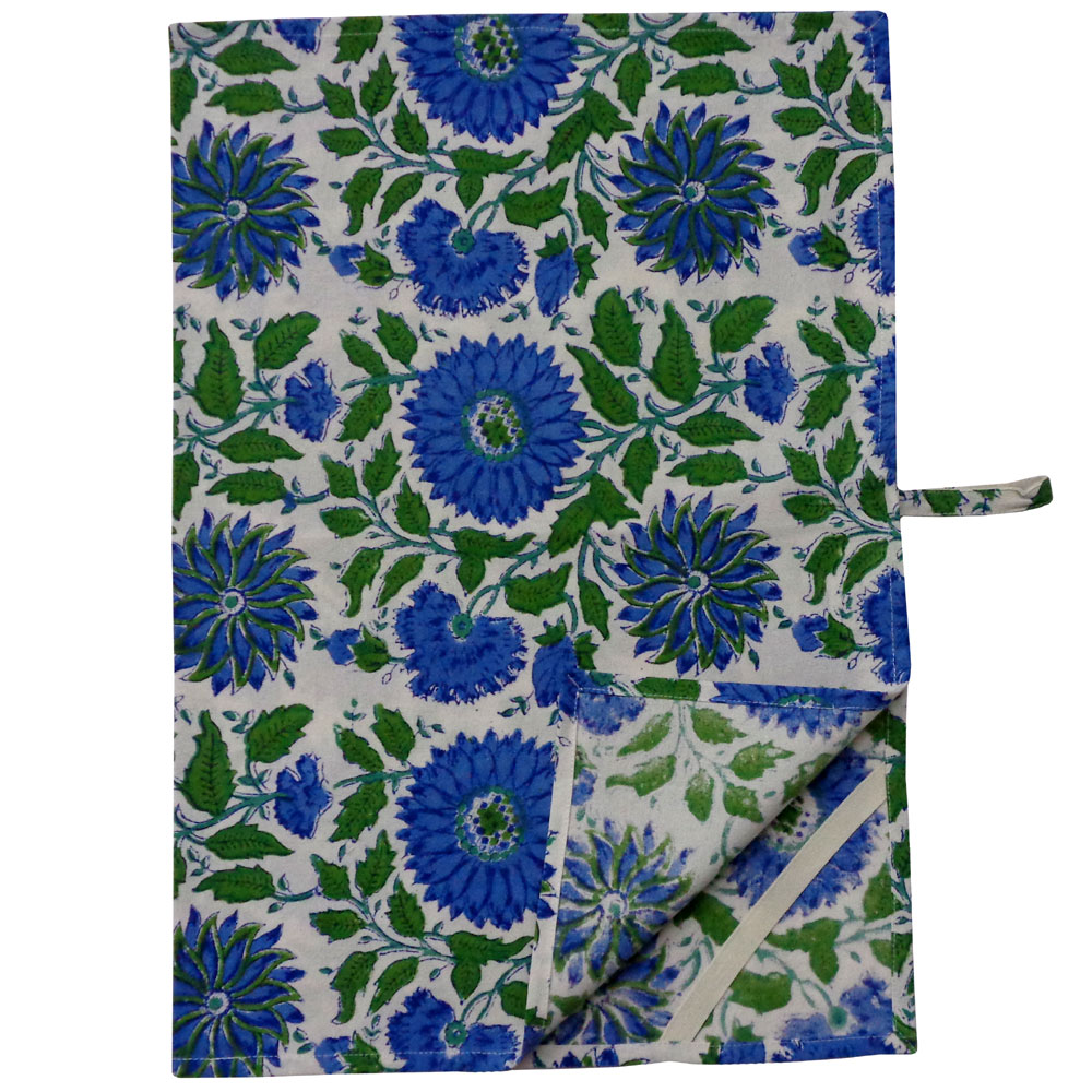 Hand Block Printed Cotton Kitchen Towels 50x70 cms Surajmukhi Blue Open 207560