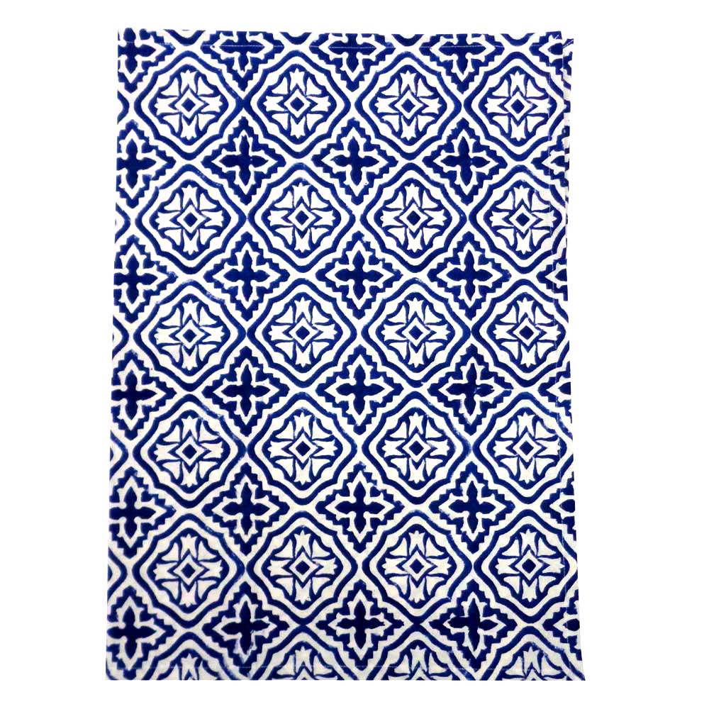 Hand Block Printed Cotton Kitchen Towels 50x70 cms Cross Flower Blue 302287