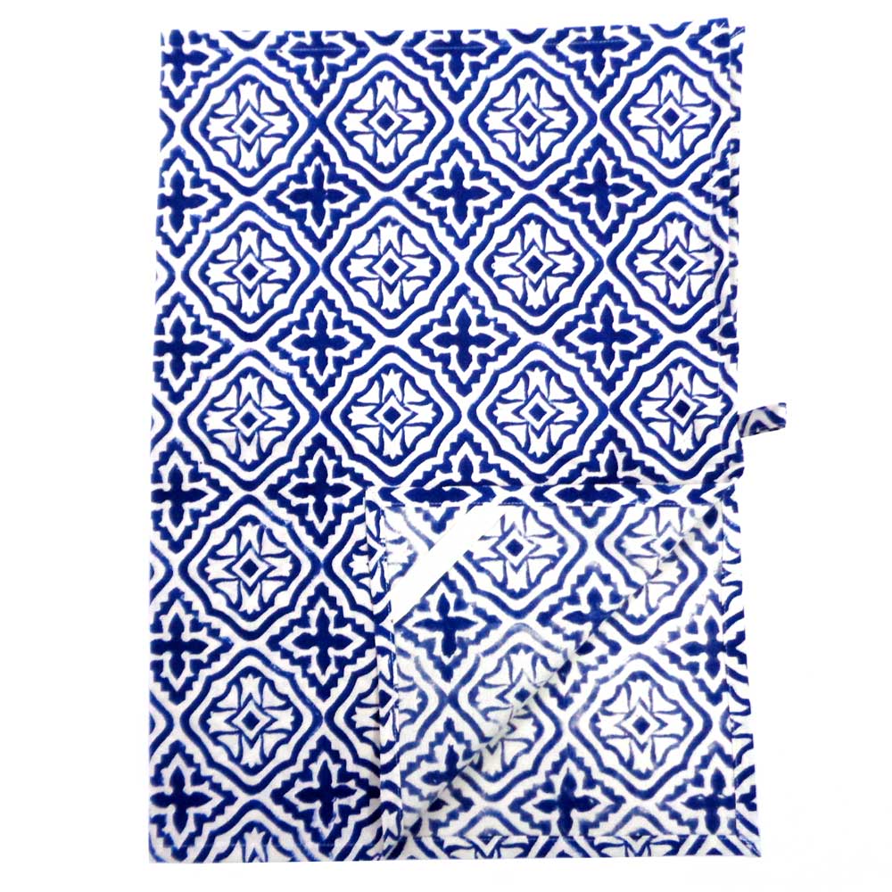 Hand Block Printed Cotton Kitchen Towels 50x70 cms Cross Flower Blue 302287