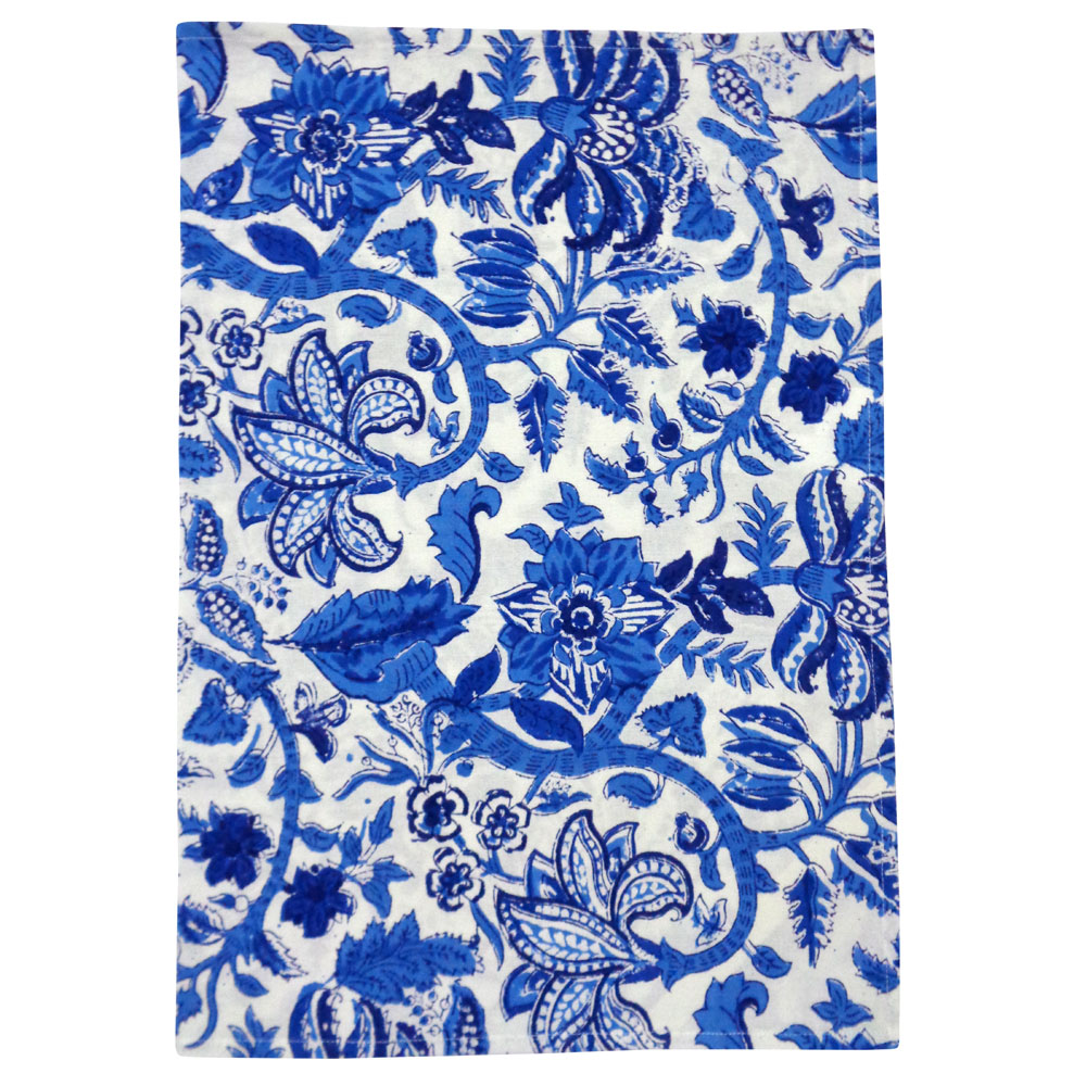 Hand Block Printed Cotton Kitchen Towels 50x70 cms Anarkali Blue Open 106795