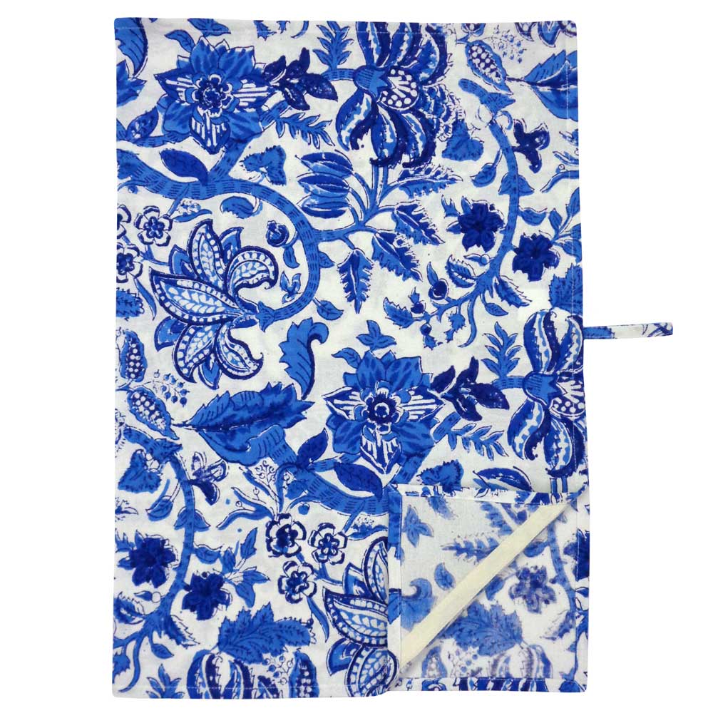 Hand Block Printed Cotton Kitchen Towels 50x70 cms Anarkali Blue Open 106795