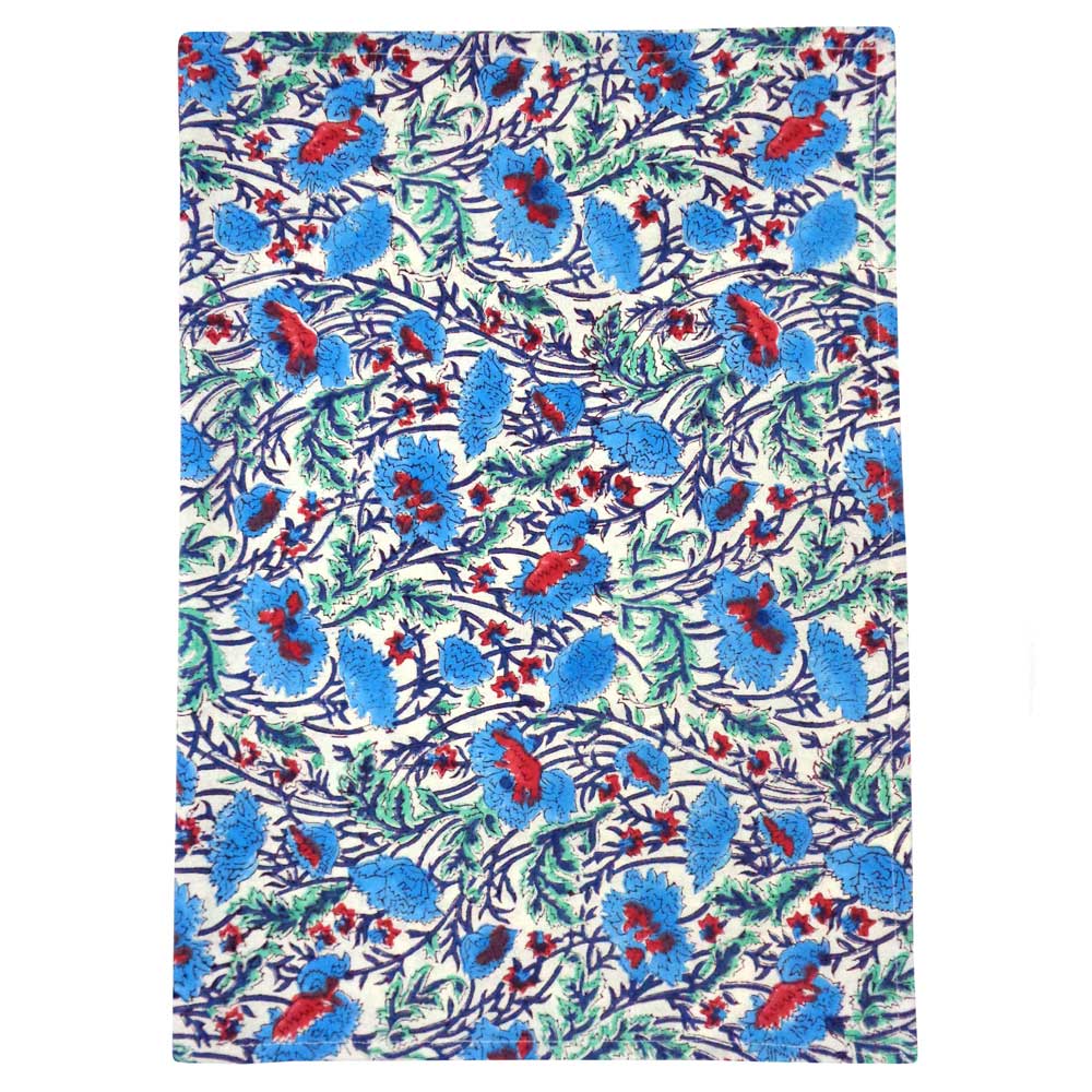 Hand Block Printed Cotton Kitchen Towels 50x70 cms Bush Flower Blue Open 101361