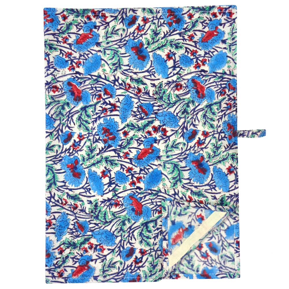 Hand Block Printed Cotton Kitchen Towels 50x70 cms Bush Flower Blue Open 101361