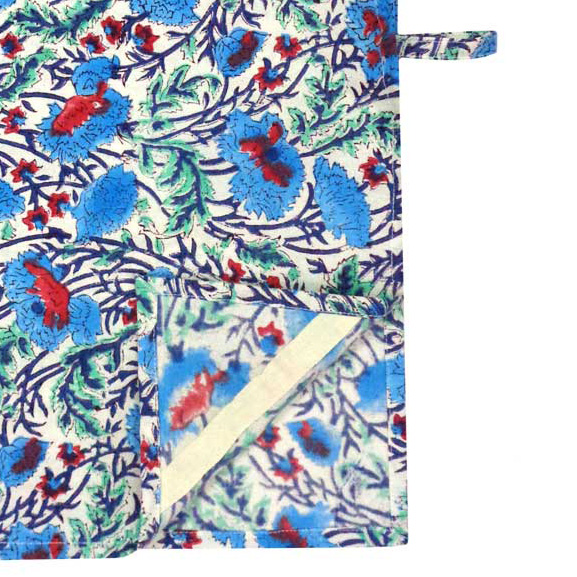 Hand Block Printed Cotton Kitchen Towels 50x70 cms Bush Flower Blue Open 101361