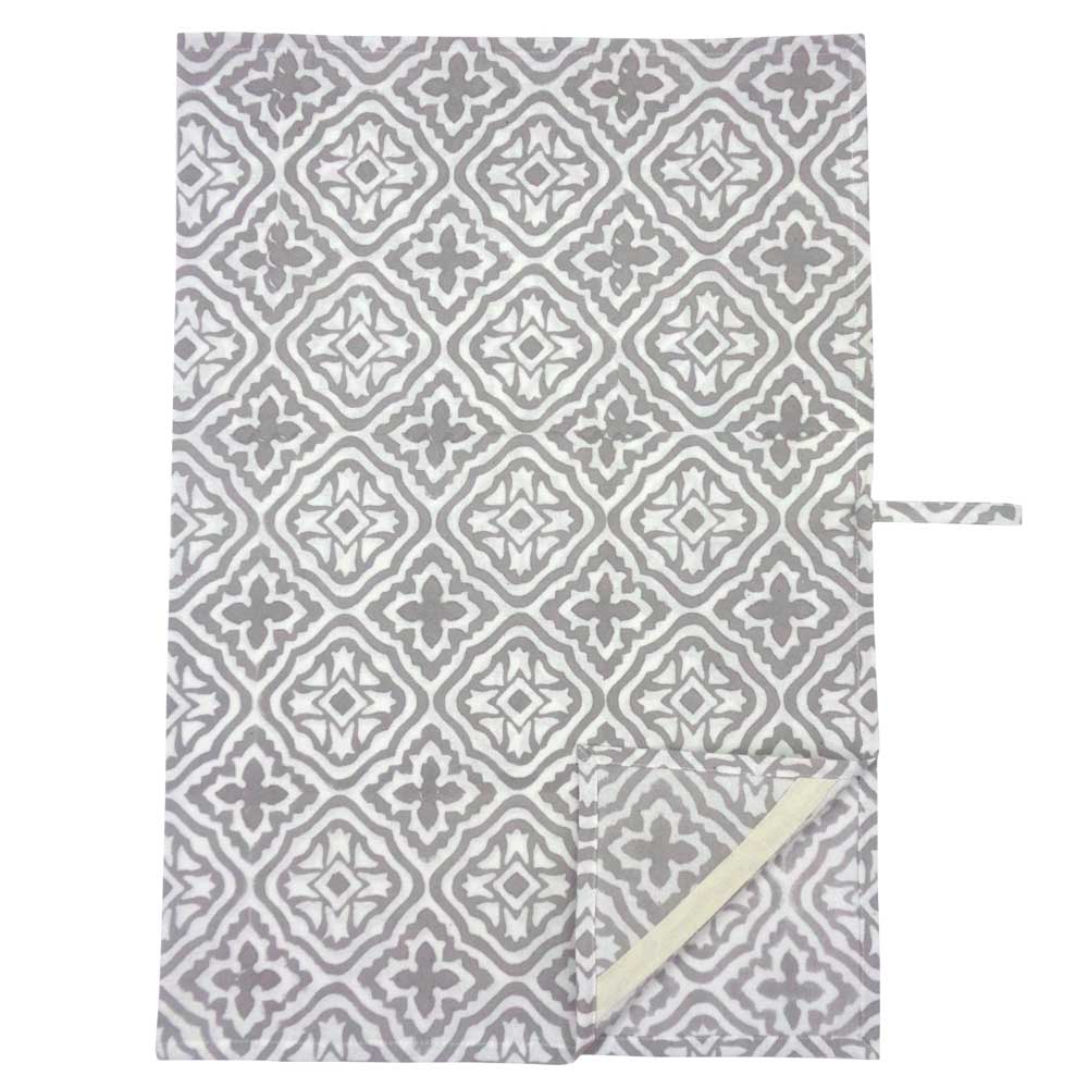 Hand Block Printed Cotton Kitchen Towels 50x70 cms Cross Flower Grey 100459