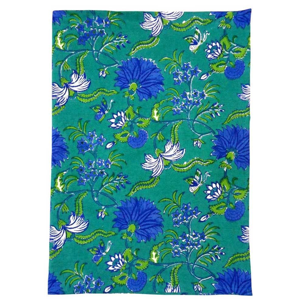 Hand Block Printed Cotton Kitchen Towels 50x70 cms Flower Blossom Sea Green Gud 106040
