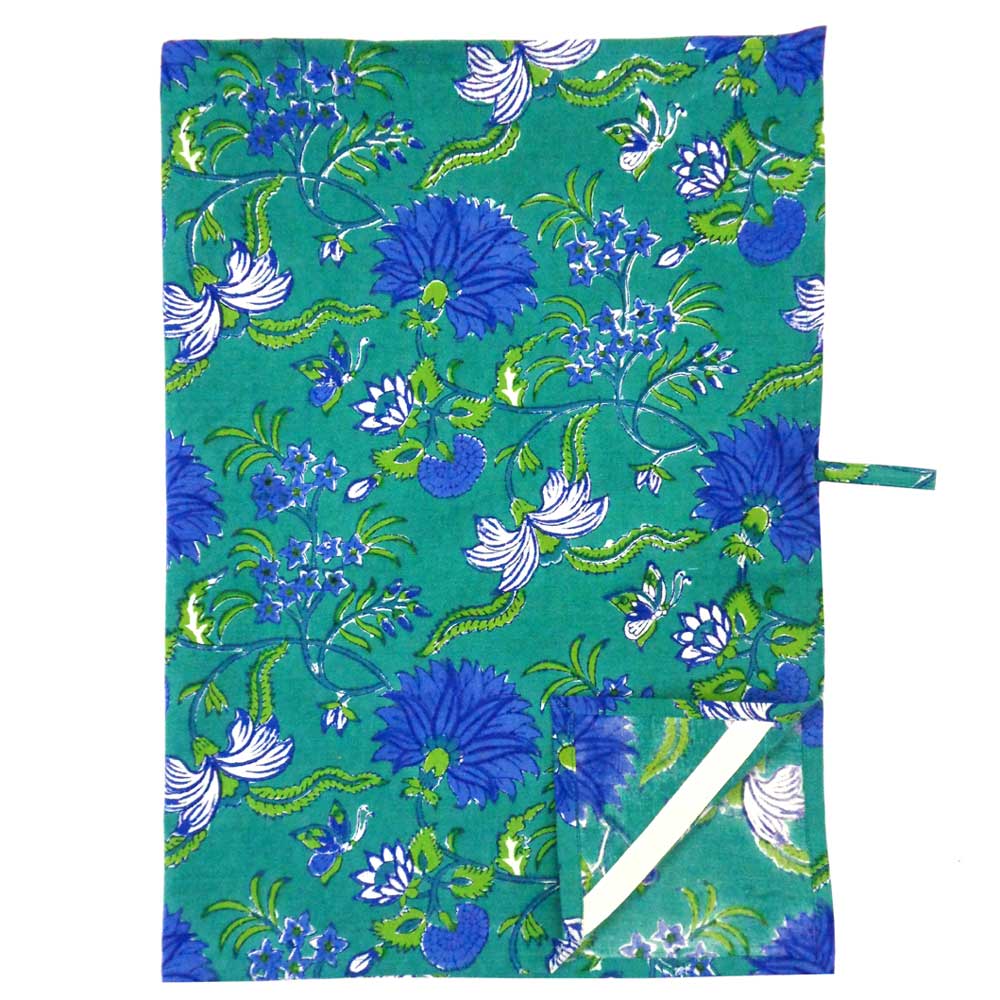Hand Block Printed Cotton Kitchen Towels 50x70 cms Flower Blossom Sea Green Gud 106040