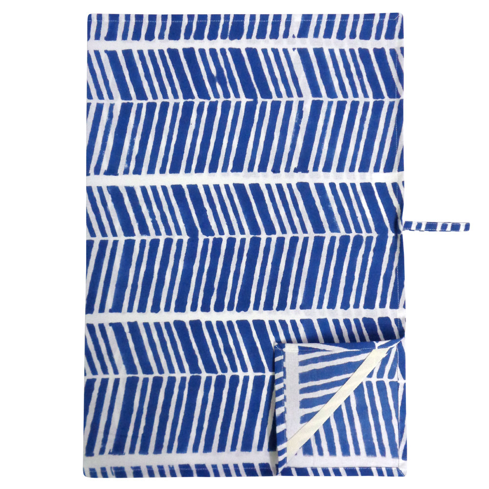 Hand Block Printed Cotton Kitchen Towels 50x70 cms  Herringbone Blue 100468