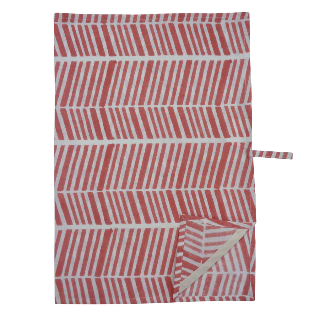 Hand Block Printed Cotton Kitchen Towels 50x70 cms Herringbone Pink 208302