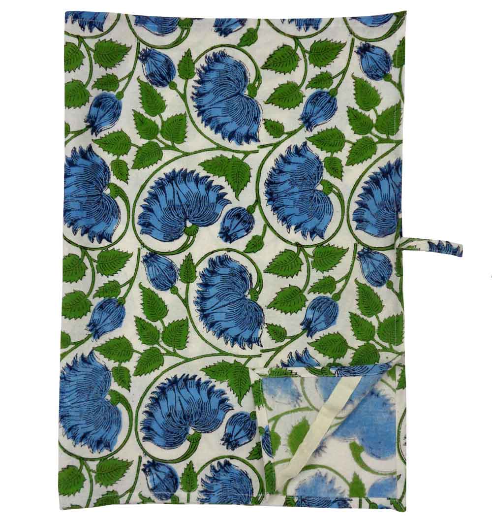 Hand Block Printed Cotton Kitchen Towels 50x70 cms Kamal Aqua Open 106099