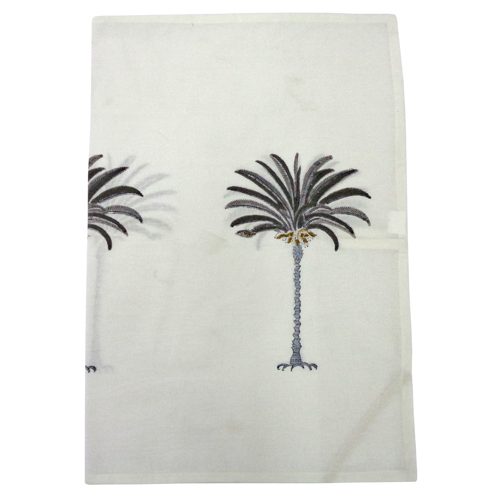 Hand Block Printed Cotton Kitchen Towels 50x70 cms Palm Tree Grey 100524