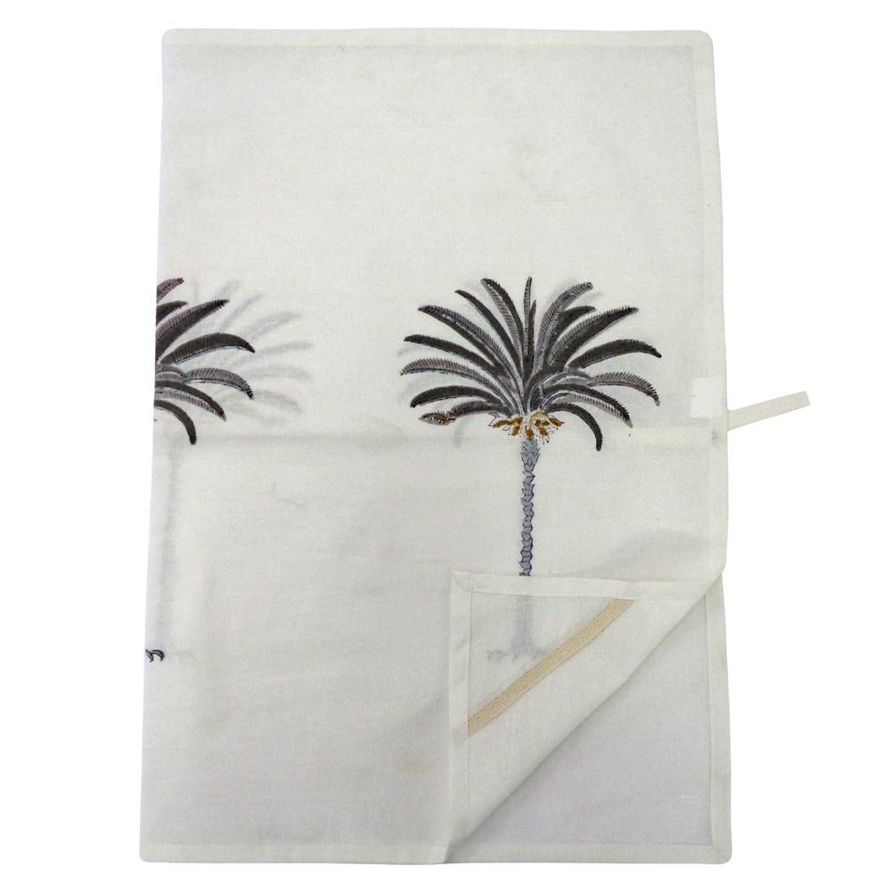 Hand Block Printed Cotton Kitchen Towels 50x70 cms Palm Tree Grey 100524