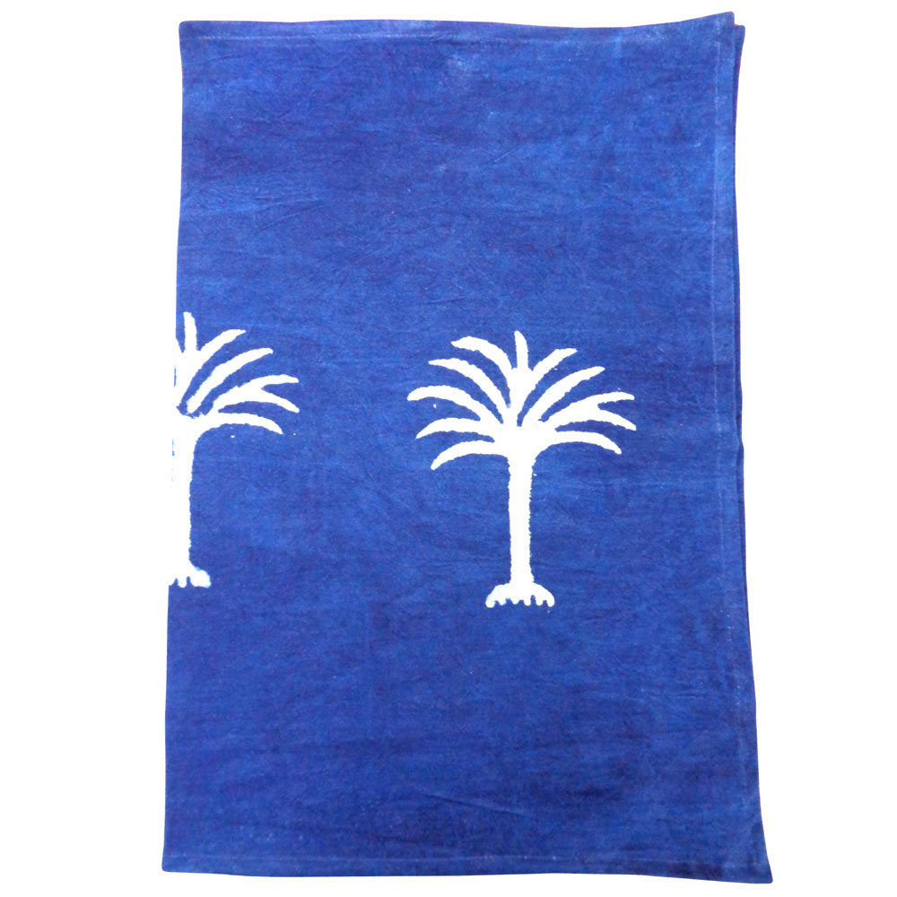 Hand Block Printed Cotton Kitchen Towels 50x70 cms Palm Tree White On Blue 100401