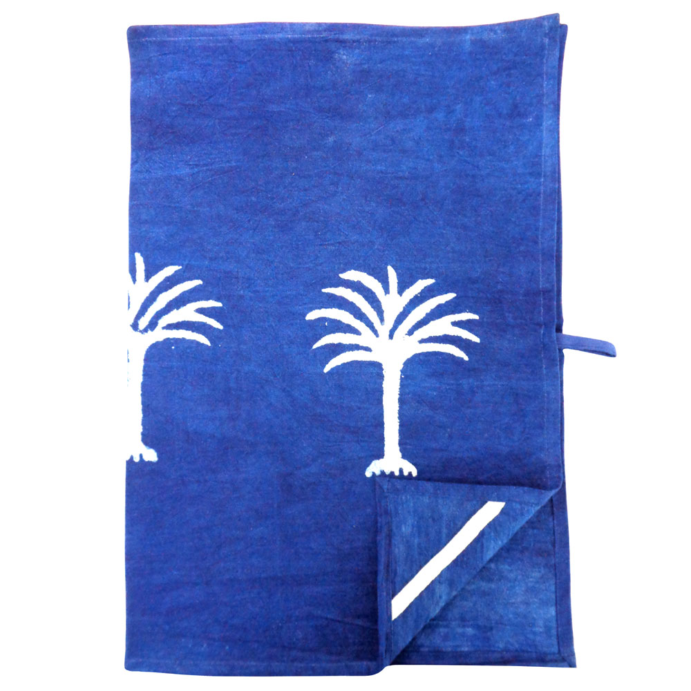 Hand Block Printed Cotton Kitchen Towels 50x70 cms Palm Tree White On Blue 100401