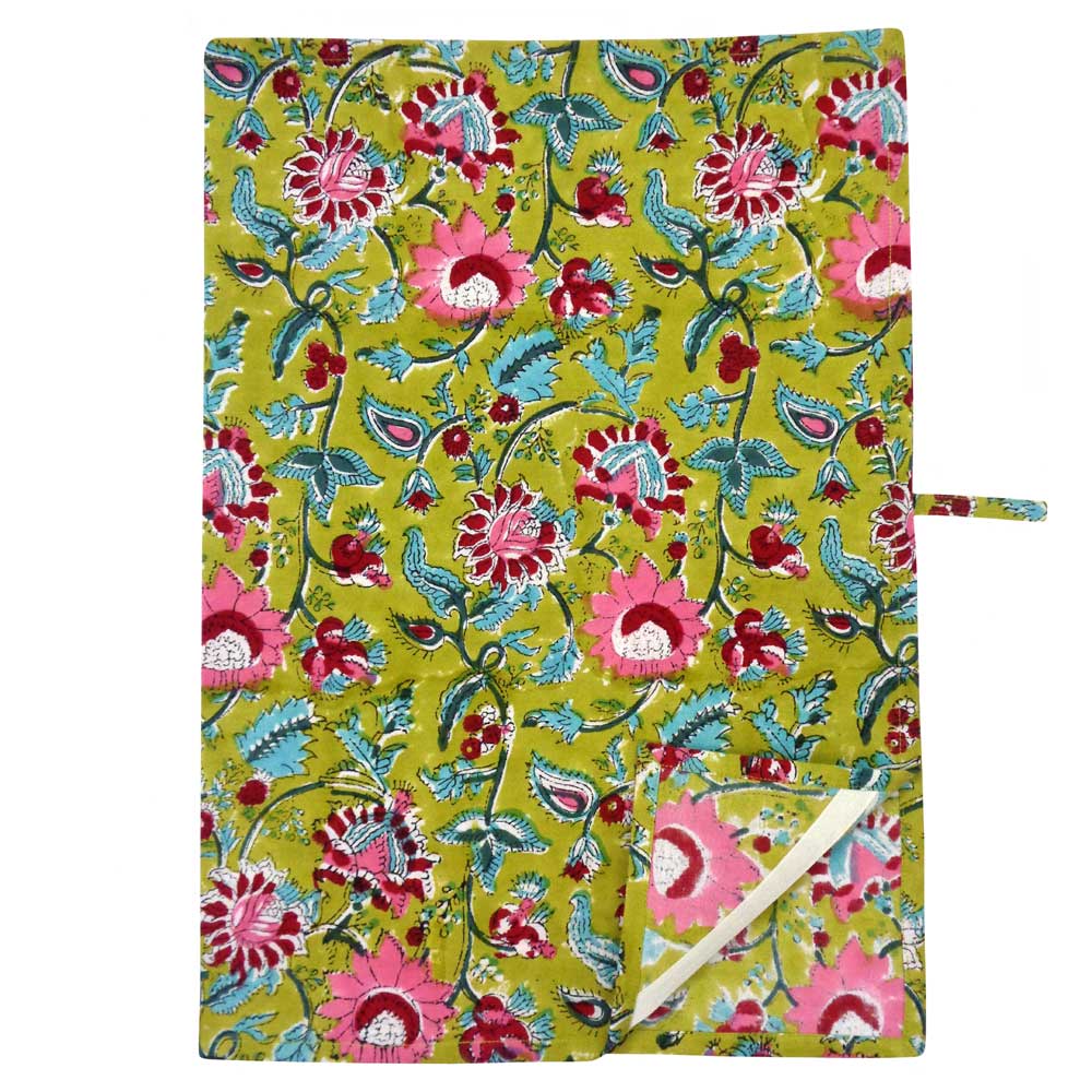 Hand Block Printed Cotton Kitchen Towels 50x70 cms Phuljhari Olive Gud 103487