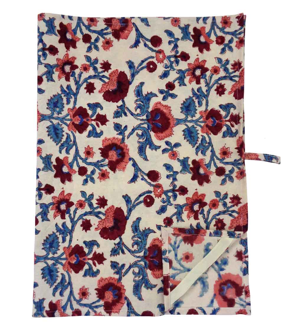 Hand Block Printed Cotton Kitchen Towels 50x70 cms Rukhsana Maroon Open 101275