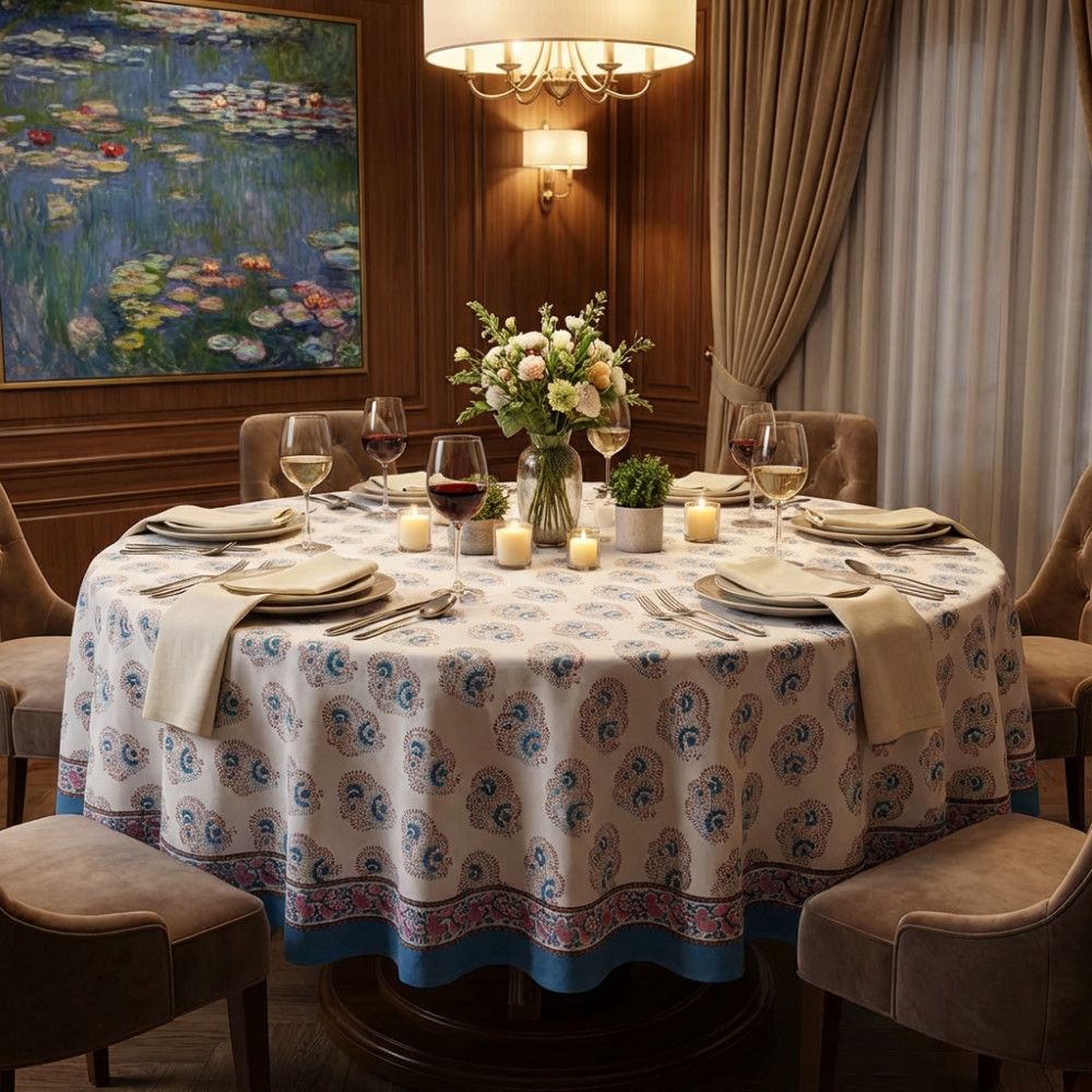 Image of Hand Block Printed Cotton Round Tablecloth 150 cms | Kusum Gulabi Boota 205379