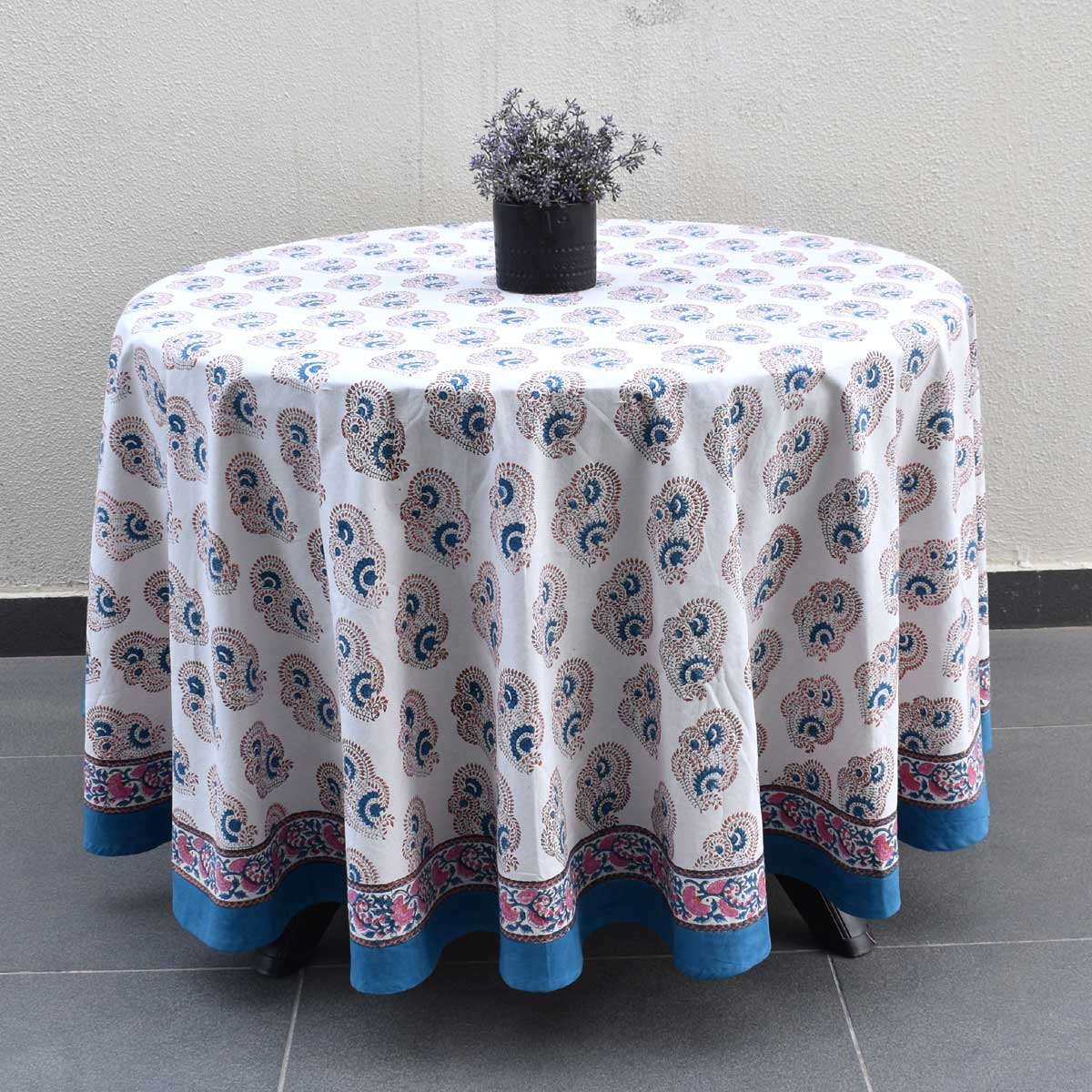 Hand Block Printed Cotton Round Tablecloth 150 cms Kusum Gulabi Boota 205379