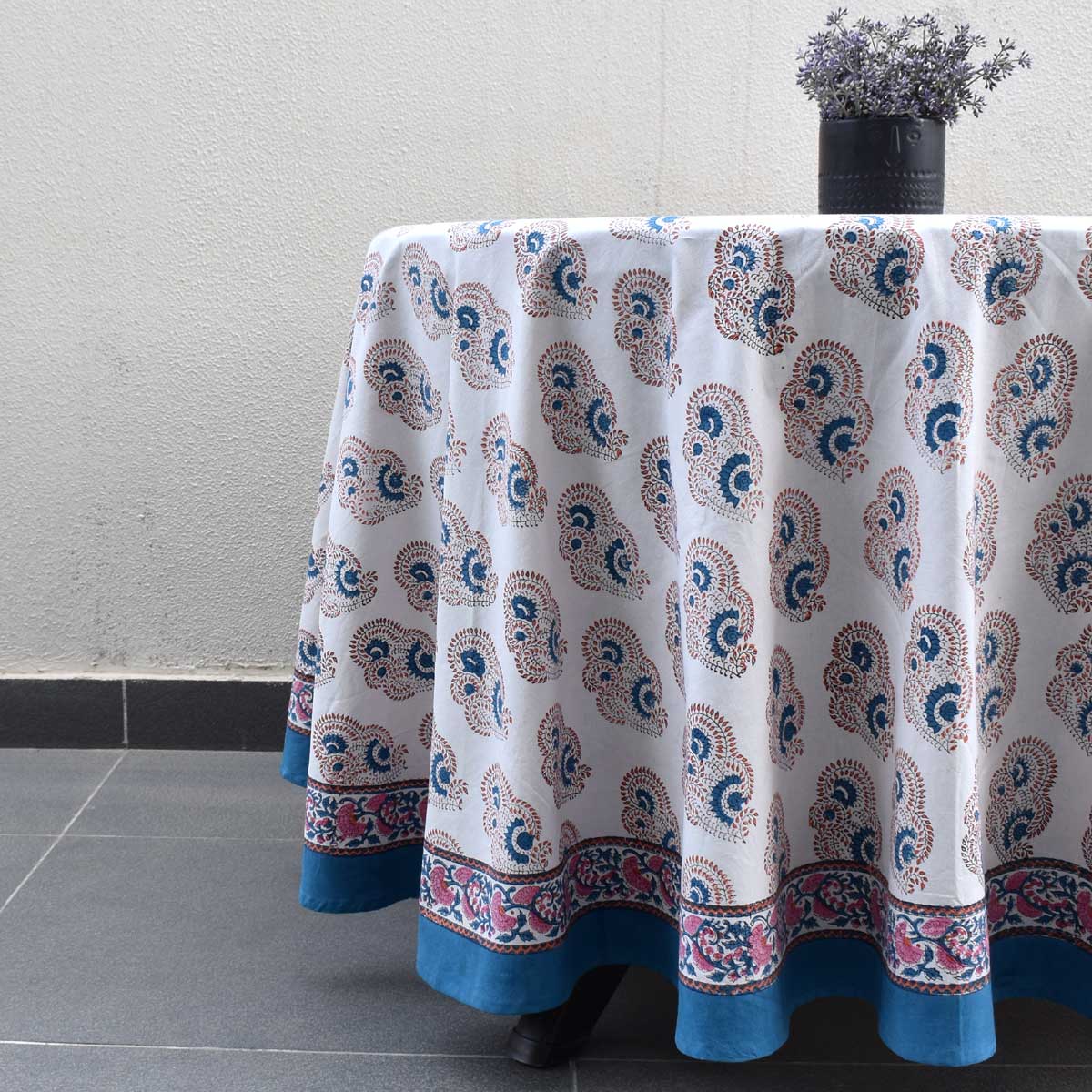 Hand Block Printed Cotton Round Tablecloth 220 cms Kusum Gulabi Boota 205379