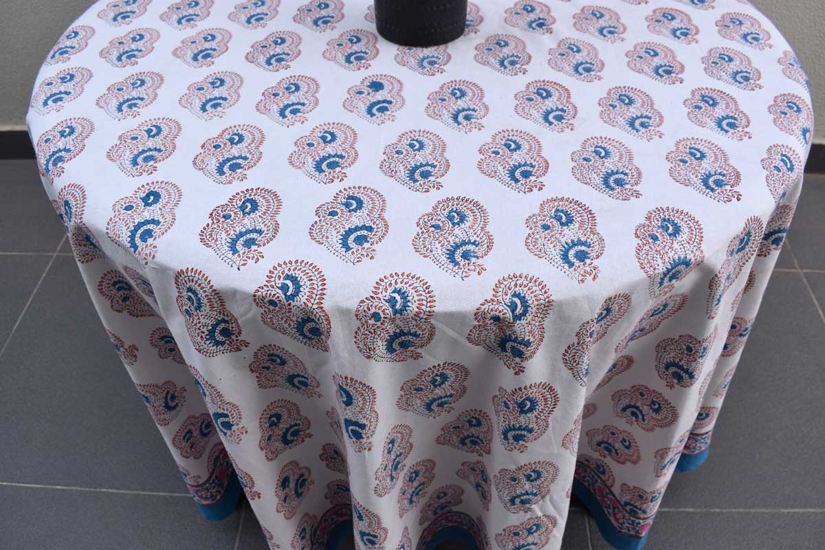 Hand Block Printed Cotton Round Tablecloth 150 cms Kusum Gulabi Boota 205379