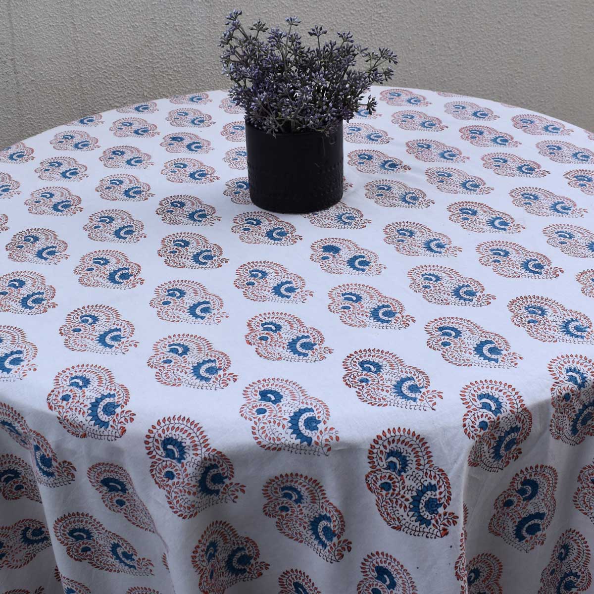 Hand Block Printed Cotton Round Tablecloth 275 cms Kusum Gulabi Boota 205379