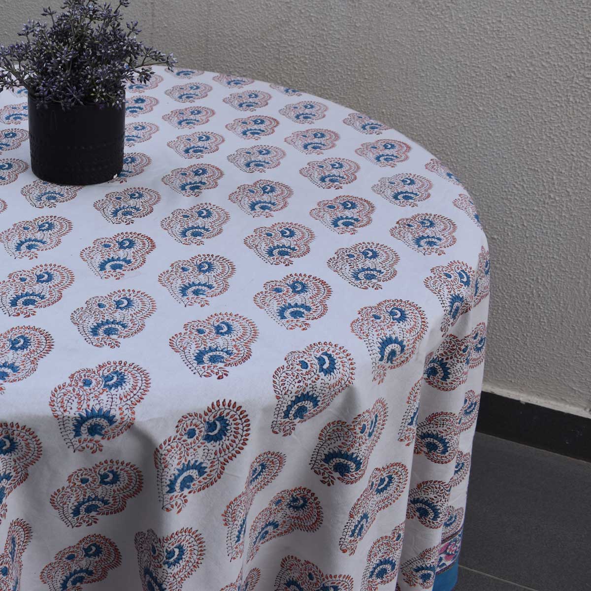 Hand Block Printed Cotton Round Tablecloth 150 cms Kusum Gulabi Boota 205379
