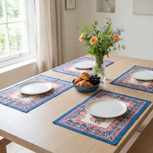 Hand Block Printed Cotton Canvas Table Mat 32x48 cms Set of 2 Table mats Kusum Gulabi Boota 205379