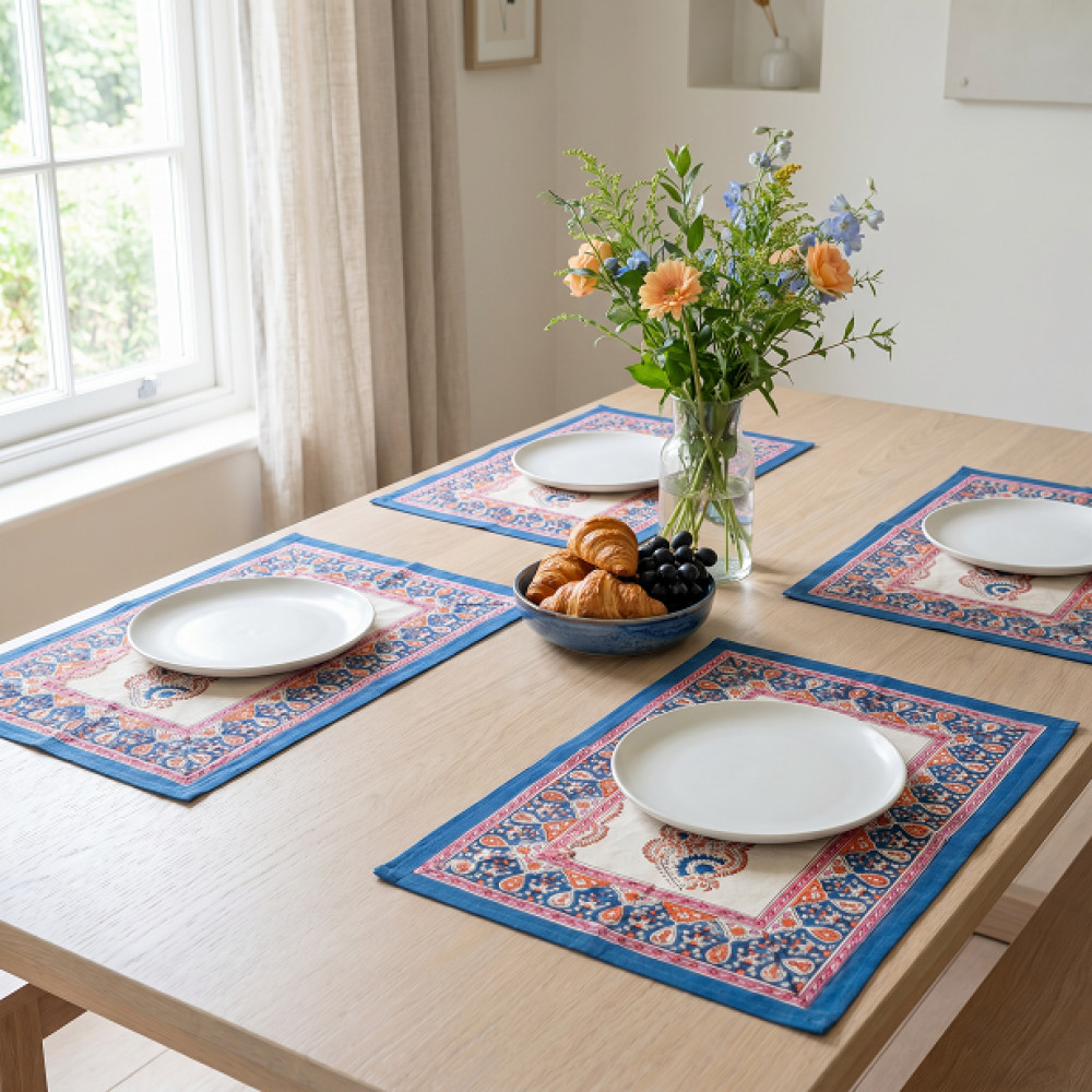 Image of Hand Block Printed Cotton Canvas Table Mat 32x48 cms (Set of 2 Table mats) | Kusum Gulabi Boota 205379