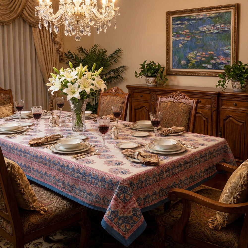 Image of Tablecloth 12 seater in Cotton Hand Block Printed Cotton Tablecloth 180x340 cms | Kusum Gulabi Boota 205379