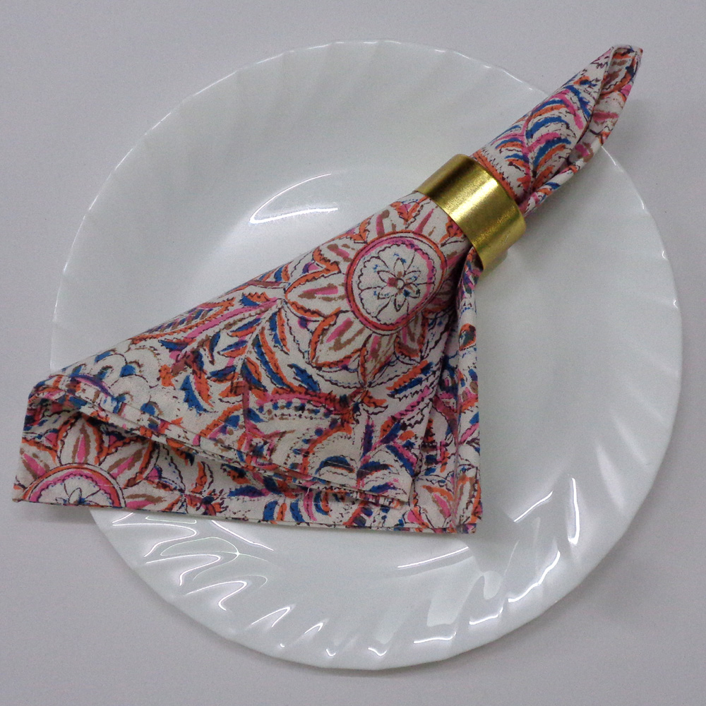 Hand Block Printed Cotton Napkin 45x45 cms Set of 4 Napkins Kusum Gulabi Jaal 106025