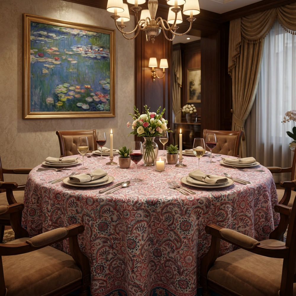 Image of Hand Block Printed Cotton Round Tablecloth 180 cms | Kusum Gulabi Jaal 106025