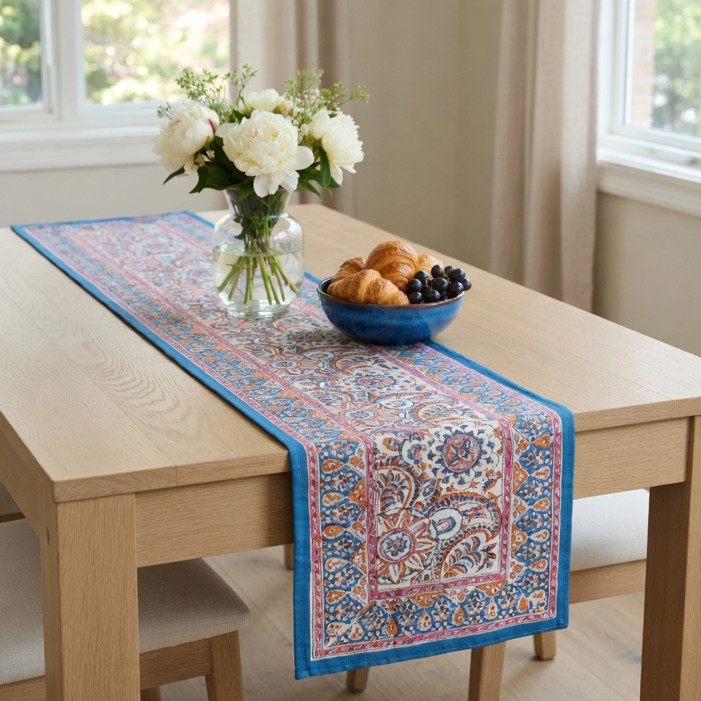 Hand Block Printed Cotton Canvas Table Runner 33x170 cms Kusum Gulabi Jaal 106025