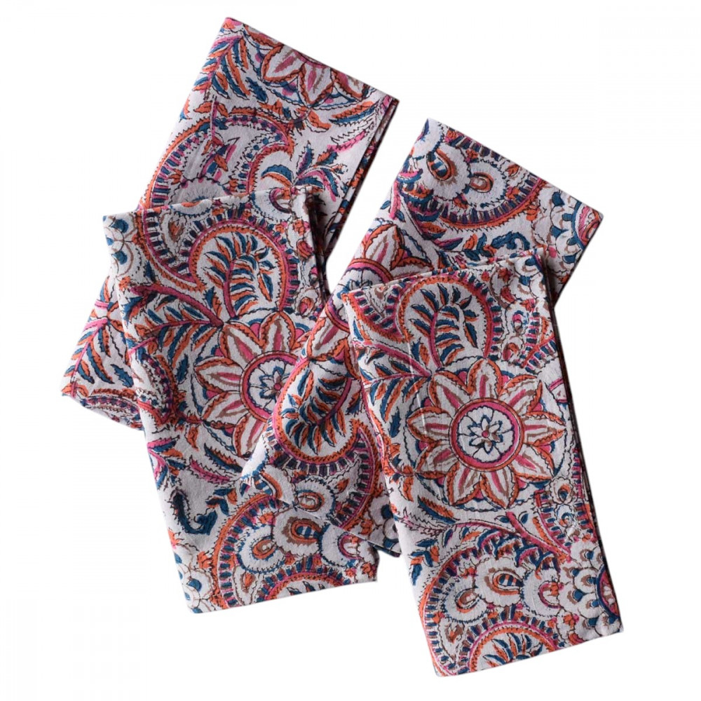 Image of Hand Block Printed Cotton Napkin 45x45 cms (Set of 4 Napkins) | Kusum Gulabi Jaal 106025
