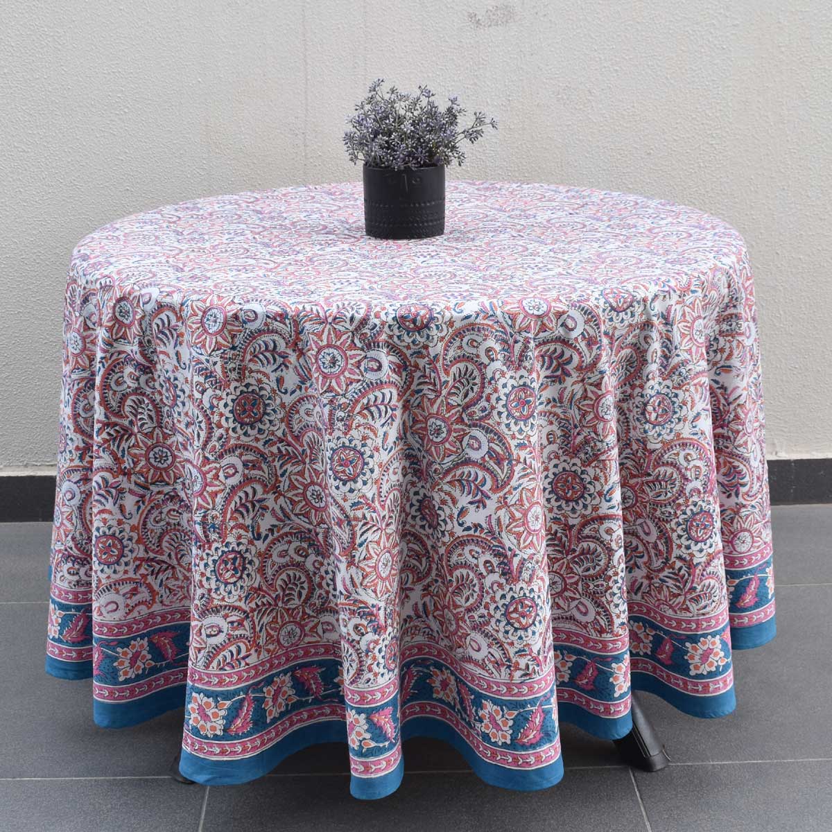 Hand Block Printed Cotton Round Tablecloth 220 cms Kusum Gulabi Jaal 106025