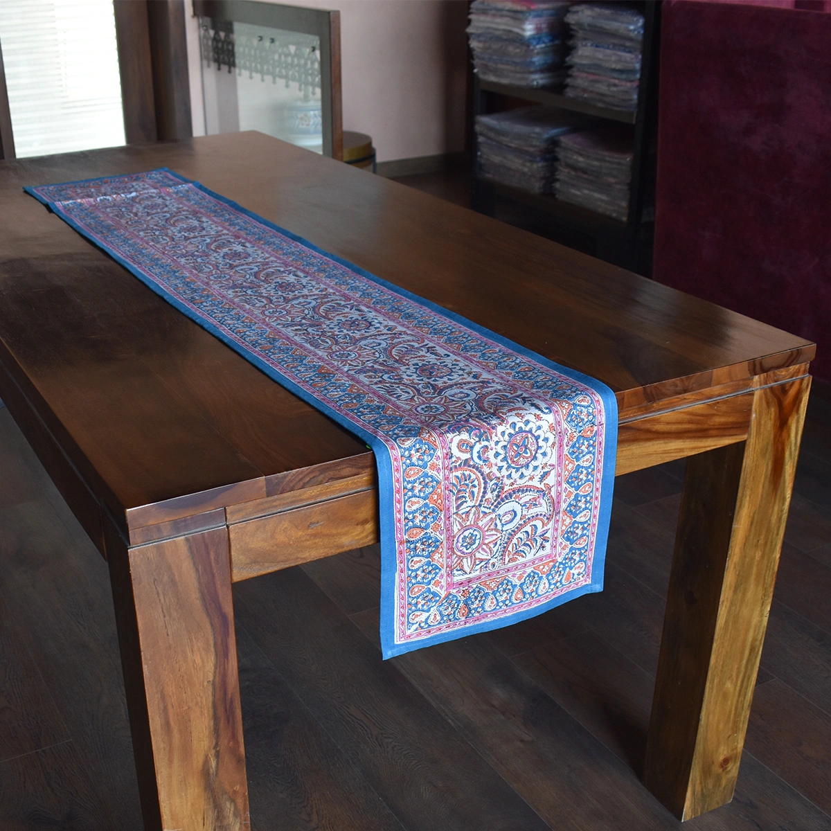 Hand Block Printed Cotton Canvas Table Runner 33x170 cms Kusum Gulabi Jaal 106025