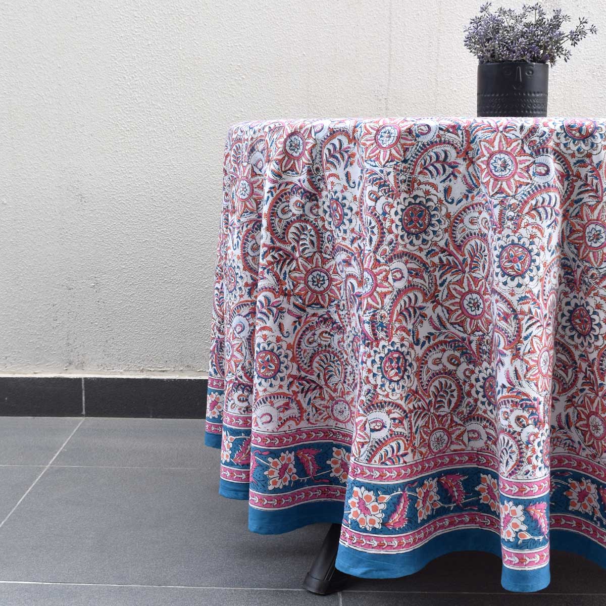 Hand Block Printed Cotton Round Tablecloth 150 cms Kusum Gulabi Jaal 106025