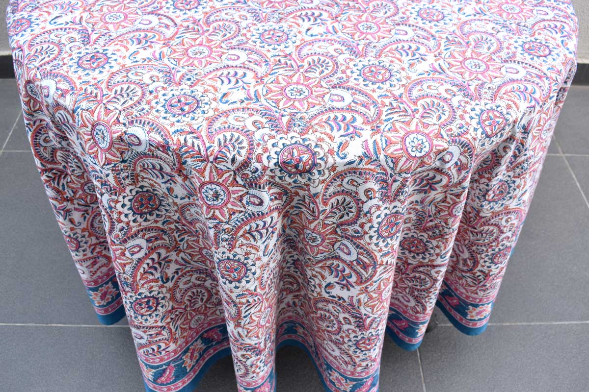 Hand Block Printed Cotton Round Tablecloth 220 cms Kusum Gulabi Jaal 106025