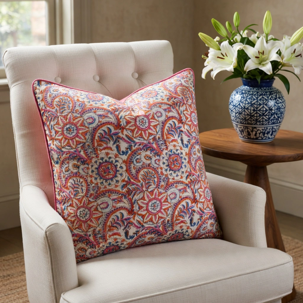 Piping Cushion Cover 50x50 cms Kusum Gulabi Jaal 106025