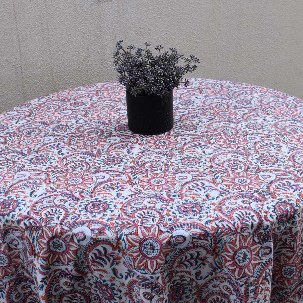 Hand Block Printed Cotton Round Tablecloth 180 cms Kusum Gulabi Jaal 106025