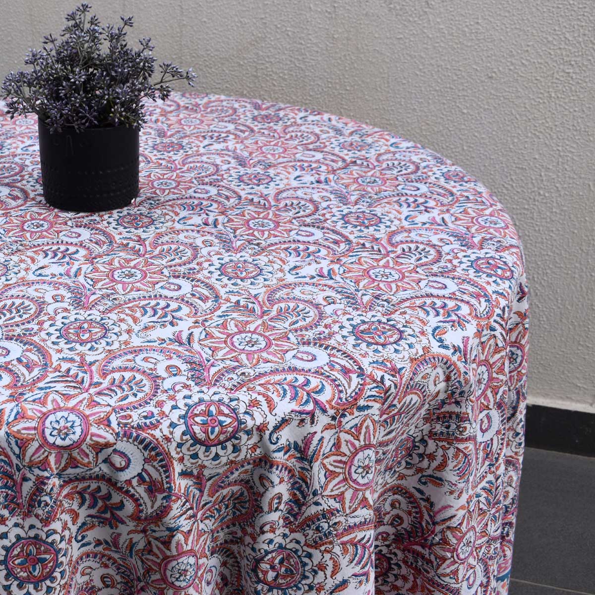 Hand Block Printed Cotton Round Tablecloth 220 cms Kusum Gulabi Jaal 106025