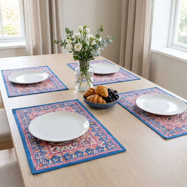 Hand Block Printed Cotton Canvas Table Mat 32x48 cms Set of 2 Table mats Kusum Gulabi Jaal 106025