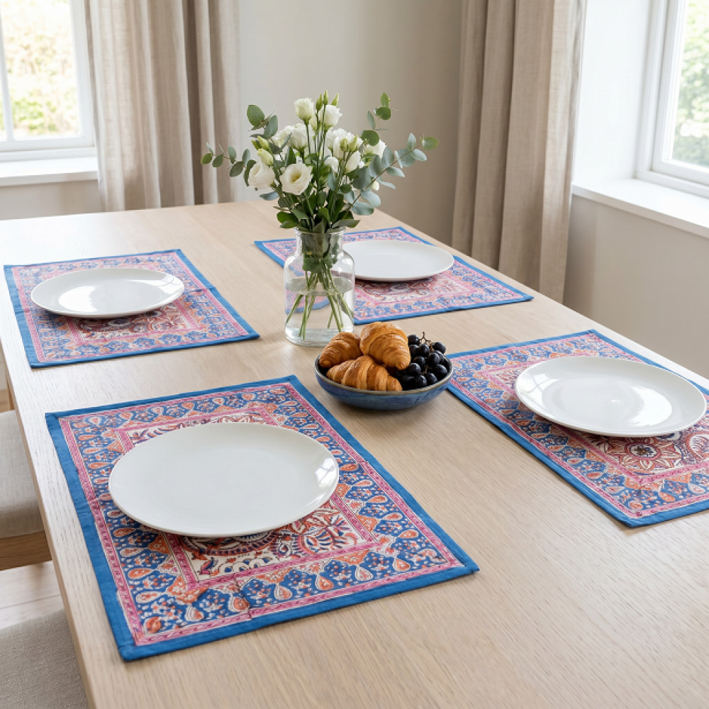 Image of Hand Block Printed Cotton Canvas Table Mat 32x48 cms (Set of 2 Table mats) | Kusum Gulabi Jaal 106025